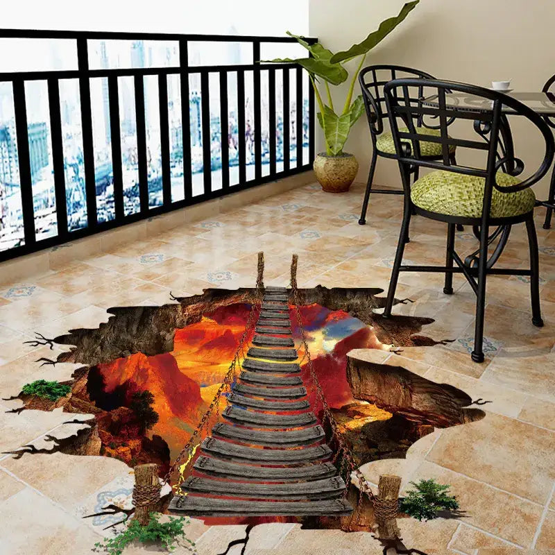 3d floor decal depicting a wooden suspension bridge spanning over fiery lava with realistic textures and vibrant orange, red, and yellow hues.