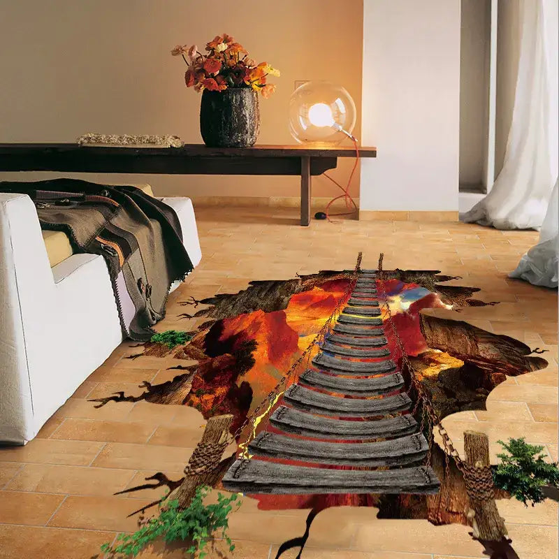 3d floor decal depicting a wooden bridge crossing over fiery lava with realistic textures and dramatic orange-red hues.