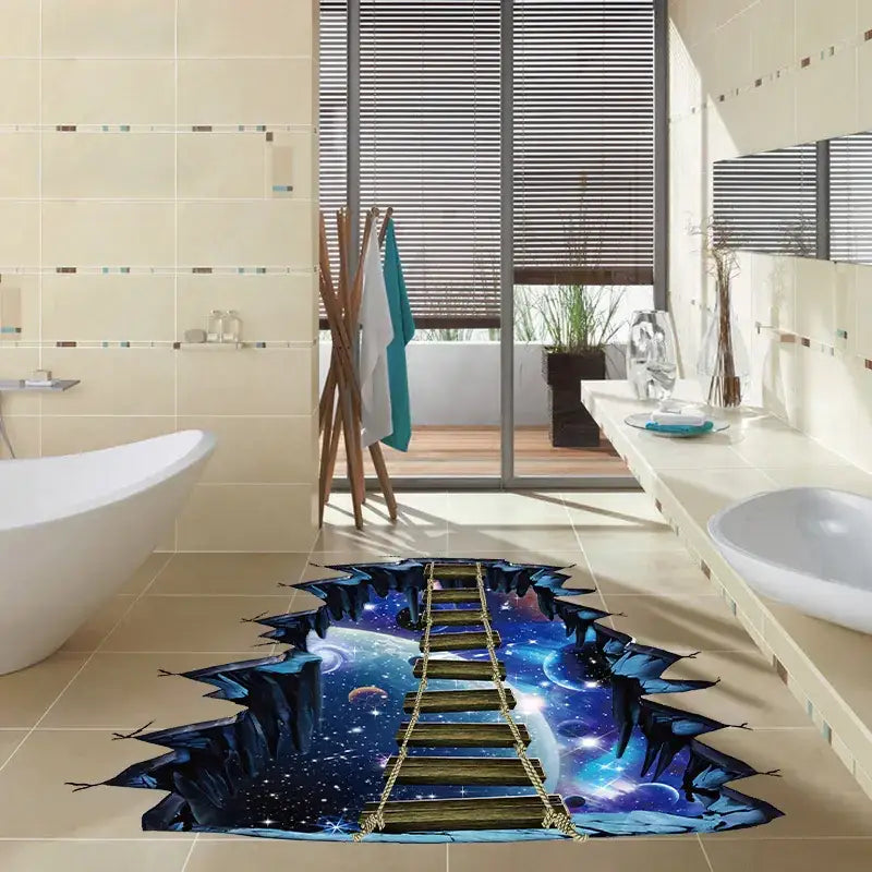 A vibrant 3d floor decal depicting a wooden ladder with gold chains leading into a cosmic scene of stars, planets, and nebulae.