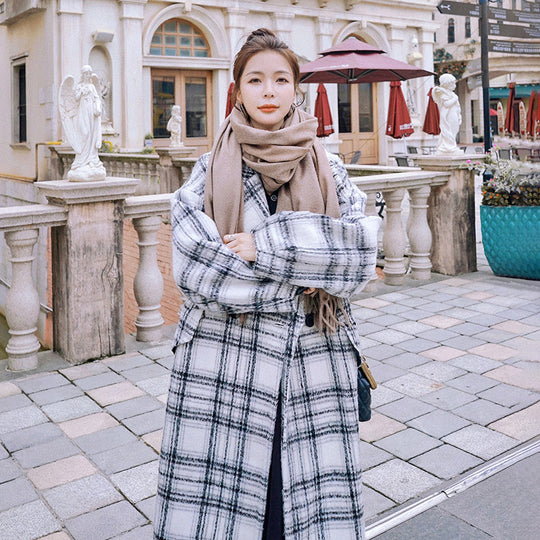 Mid-length Plaid Woolen Coat for Women