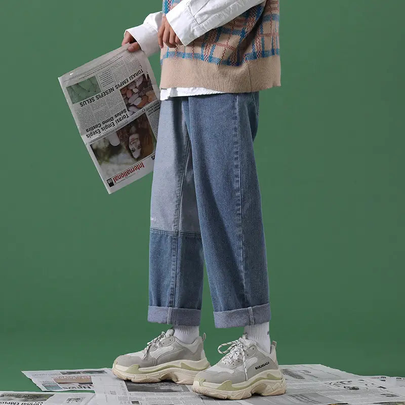 Men’s Loose BF Straight Wide Leg Stitching Jeans