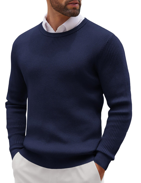 COOFANDY Mens Ribbed Crewneck Sweater Long Sleeve Slim Fit Knitted Pullover Sweater Navy Blue