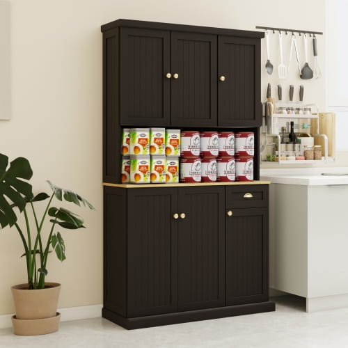 Kitchen Pantry Storage Cupboard With Microwave Countertop Freestanding Cabinet With Adjustable Shelves 6 Doors And 1