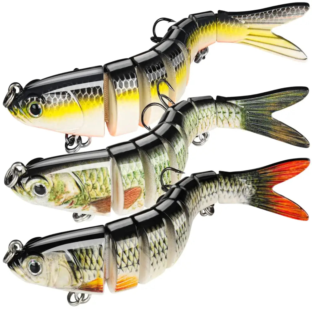 Three segmented, articulated fishing lures with realistic fish designs in various color patterns including black and yellow, green and white, and silver with orange accents.