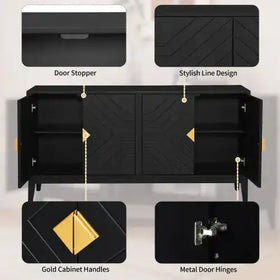Black cabinet with gold accents and a stylish herringbone pattern on the doors.