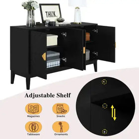 Black sideboard with gold-toned hardware and adjustable shelf.