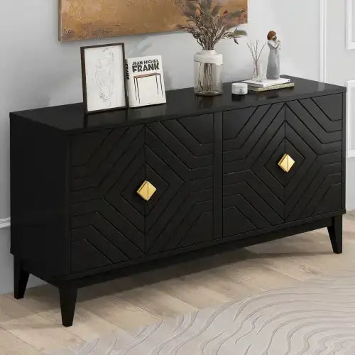 Black console table with gold diamond-shaped handles and a chevron patterned front.