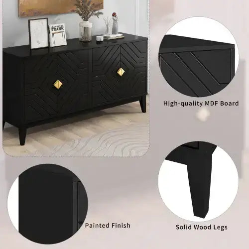Black console table with gold diamond-shaped handles and solid wood legs.