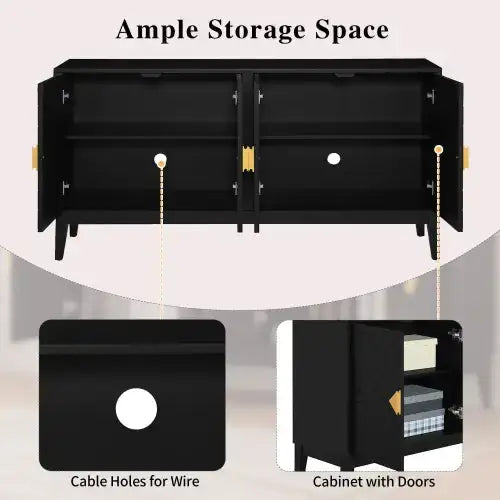 Black cabinet with gold-tone hardware and cable holes for wire.