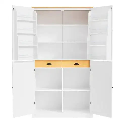 White pantry cabinet with light wood accents and two drawers.