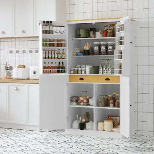White kitchen pantry with wooden accents and yellow drawers.