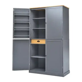 Gray metal cabinet with wooden top and a single light wood drawer.