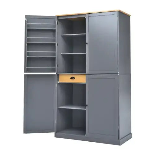 Gray metal cabinet with wooden top and a single light wood drawer.