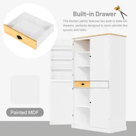 White painted mdf kitchen pantry with light wood-finished slide-out drawers.