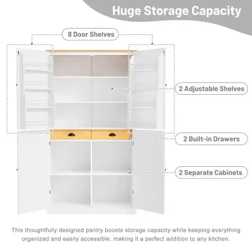 White pantry with eight doors, adjustable shelves, and built-in drawers for organized kitchen storage
