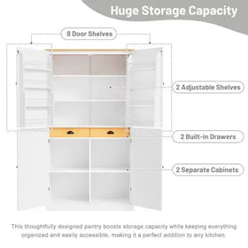 White pantry with eight doors, adjustable shelves, and built-in drawers for organized kitchen storage