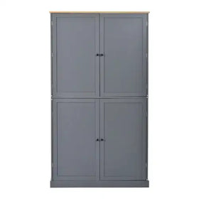 Gray wooden cabinet with four doors and a light wood top.