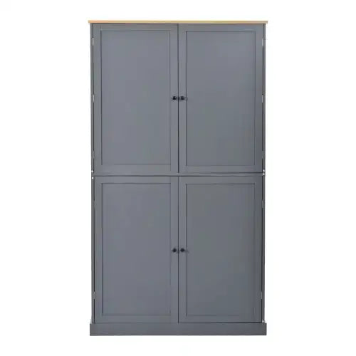 Gray wooden cabinet with four doors and a light wood top.