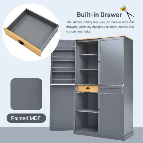 Gray painted mdf kitchen pantry with wooden drawer fronts and slide-out compartments for utensils.