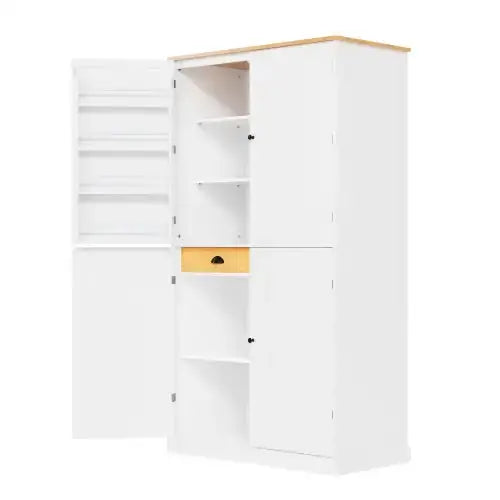 White wooden cabinet with light oak trim and a single drawer featuring a matching wood handle.