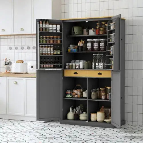 Gray pantry cabinet with wooden drawers and shelves, stocked with jars of spices and kitchenware.