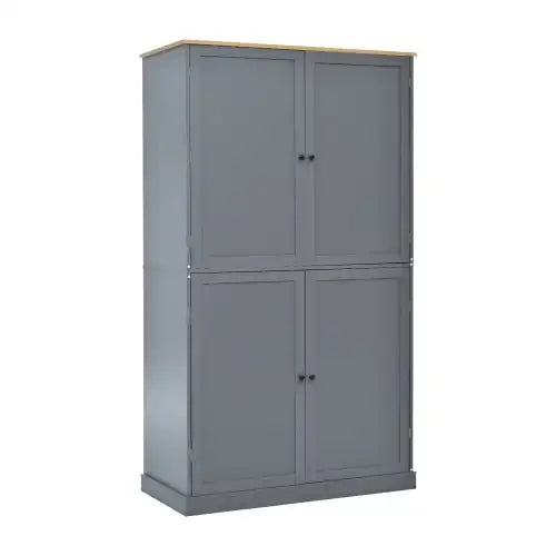 Gray painted wooden cabinet with a light wood top and four paneled doors.