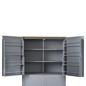 Gray metal cabinet with wooden top and adjustable shelves.