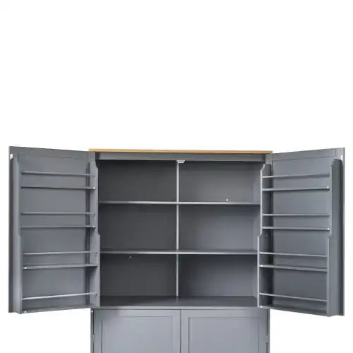 Gray metal cabinet with wooden top and adjustable shelves.