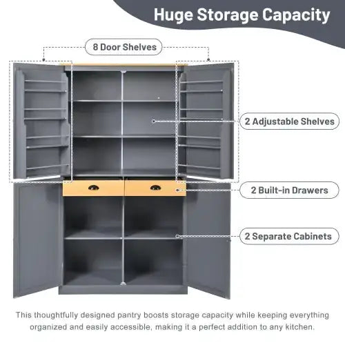 Gray metal pantry with eight door shelves, two adjustable shelves, and built-in drawers for organized kitchen storage.