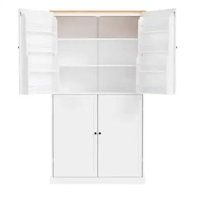 White pantry cabinet with light wood top and adjustable shelves.