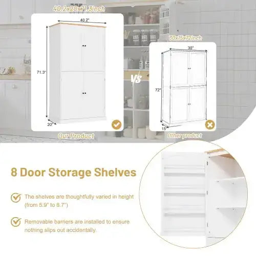 White 8-door storage shelving unit with adjustable shelves and removable barriers