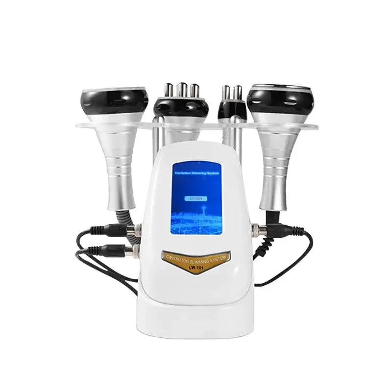 White cavitation and slimming system with four silver and black treatment heads.
