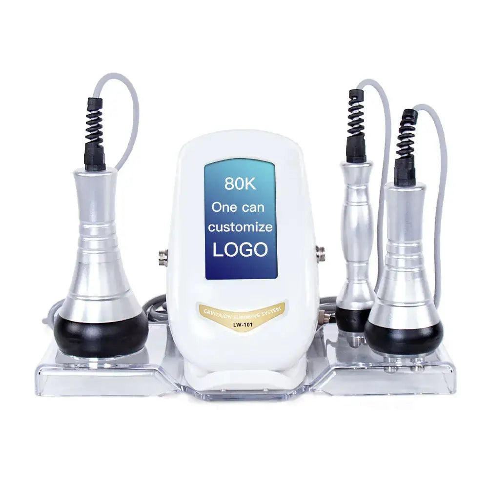 White and silver 80k cavitation machine with three interchangeable handpieces, model lw-101.