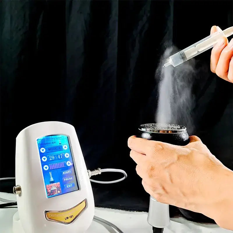 White plastic handheld device with blue touchscreen display and gold-colored label reading ’lw-101’’