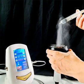 White plastic handheld device with blue touchscreen display and gold-colored label reading ’lw-101’’
