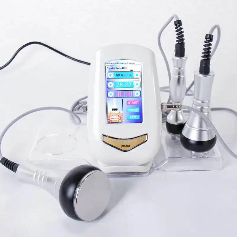 White plastic and metal cavitation 4k body contouring machine with multiple silver-handled applicators.