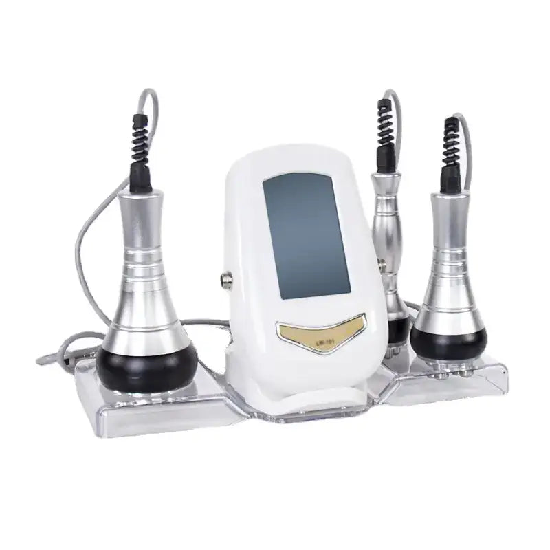 White and silver body with black tips, featuring a central screen unit flanked by three handheld devices on a clear acrylic stand.