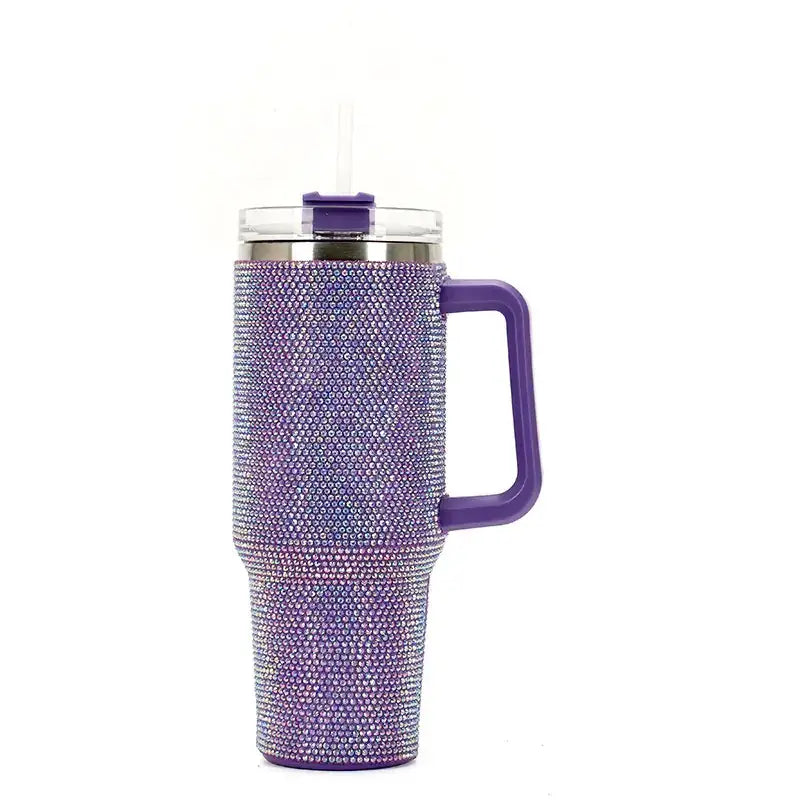Purple crystal-encrusted insulated tumbler with a matching handle and clear lid.
