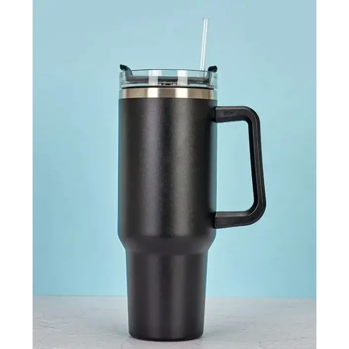 Black matte-finish insulated travel mug with a sturdy handle and clear lid featuring a straw.