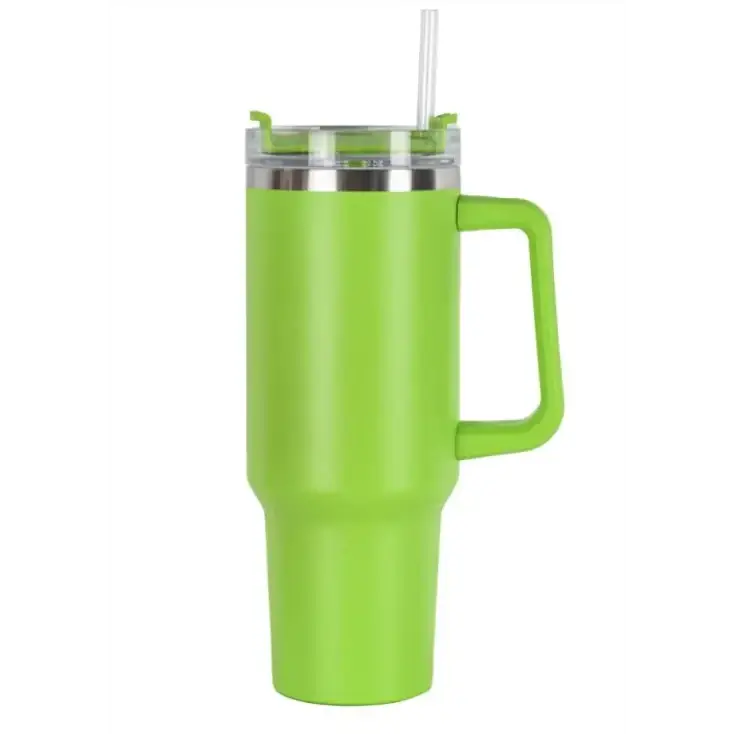 Bright lime green insulated tumbler with a stainless steel rim, clear lid and straw, featuring an integrated handle.
