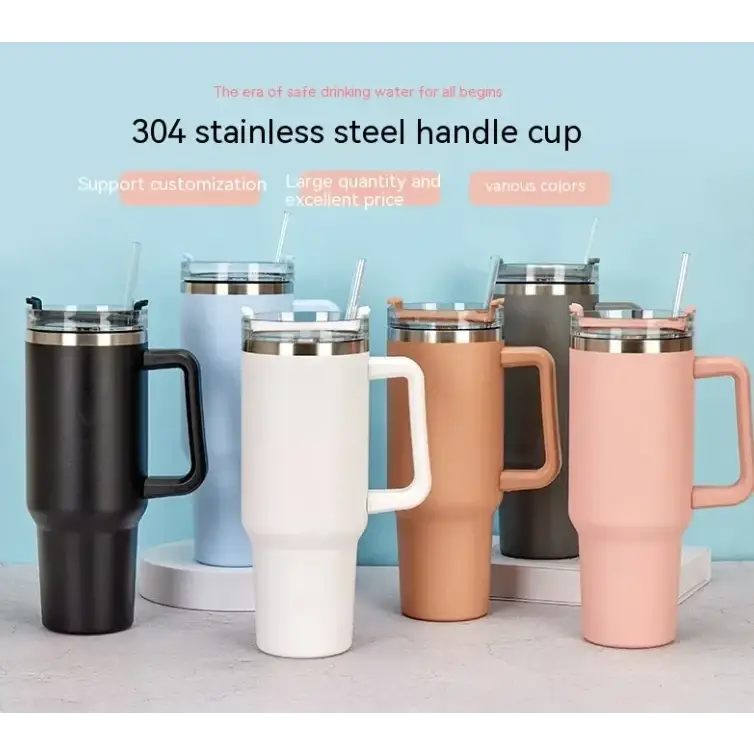A sleek, insulated 304 stainless steel handle cup with a matte finish and matching lid.