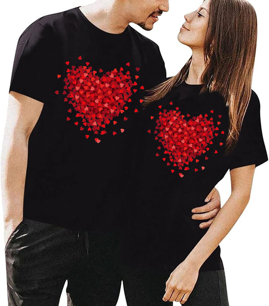 Valentines Day Matching Couples T Shirts Love Heart Print Graphic Tees Husband Wife Valentine Shirt Tops(Women BlackXXL)