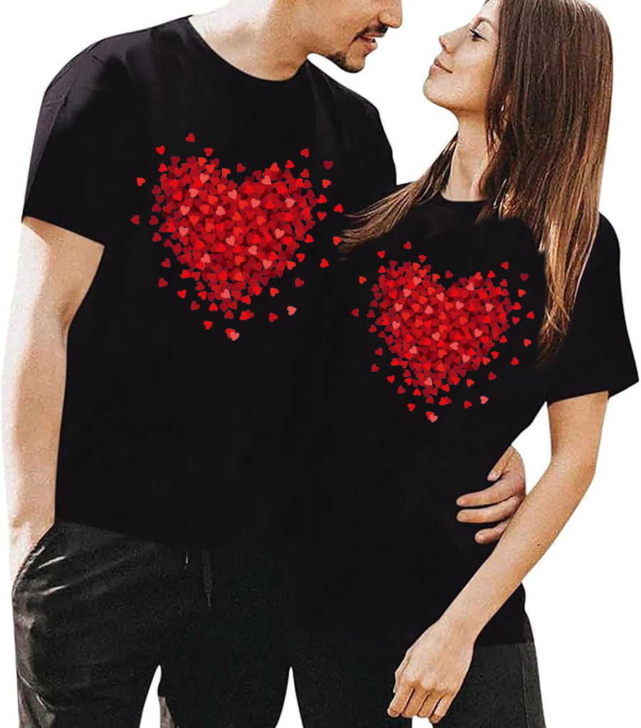 Valentines Day Matching Couples T Shirts Love Heart Print Graphic Tees Husband Wife Valentine Shirt Tops(Women BlackXXL)