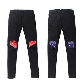 Washed Ripped Cat's Whisker Patchwork Jeans (Slim Fit)