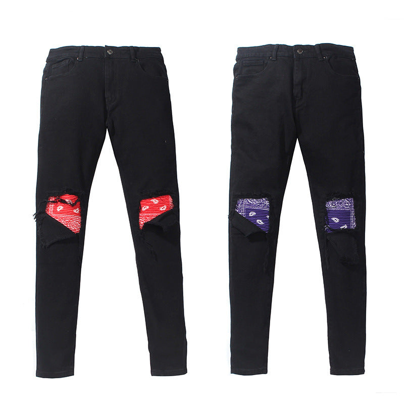 Washed Ripped Cat's Whisker Patchwork Jeans (Slim Fit)