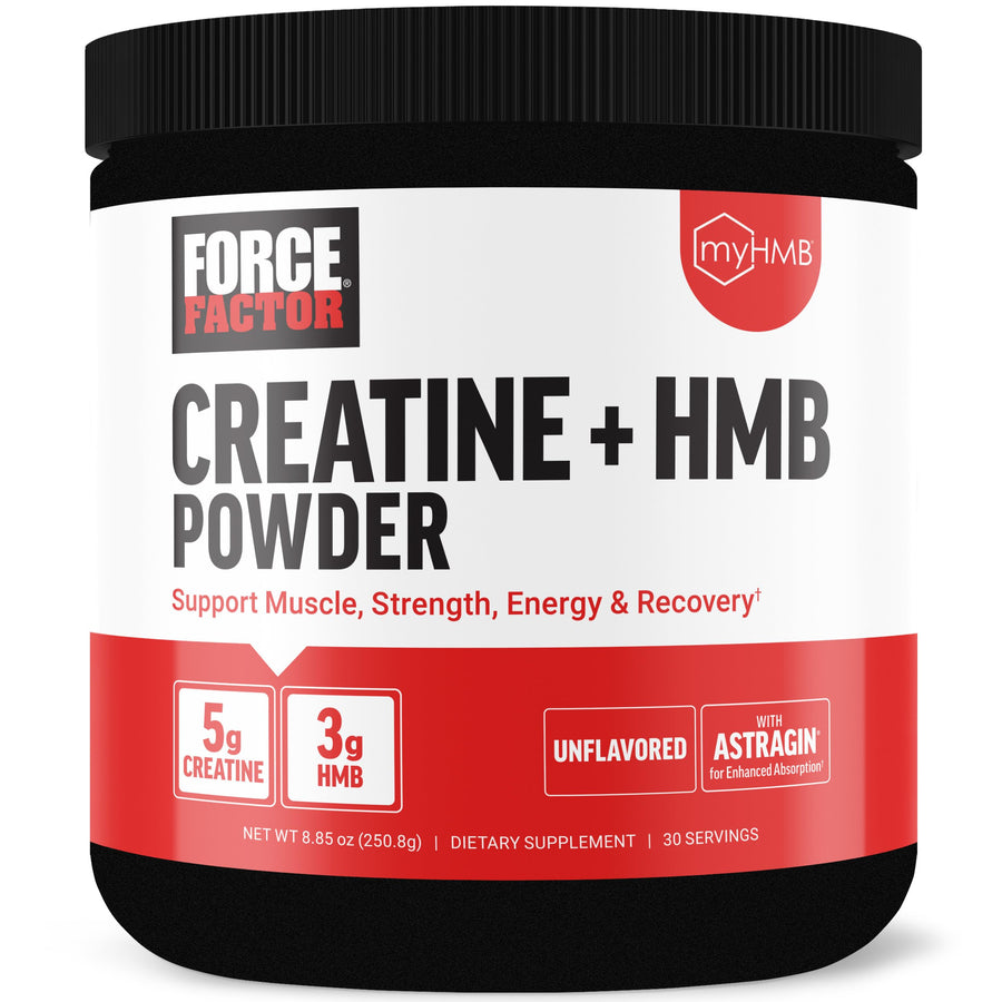 FORCE FACTOR Creatine HMB 5g Creatine Monohydrate Powder 3g myHMB Support Muscle Strength Energy & Recovery with AstraGin for Enhanced Absorption ~30 Servings Unflavored Powder