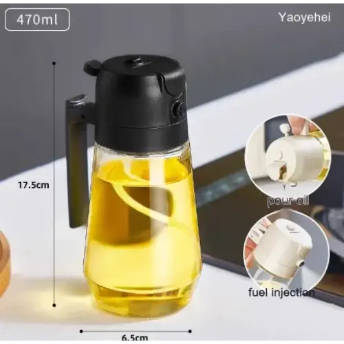 Black-handled, transparent glass oil dispenser with a black pump top and 470ml capacity.