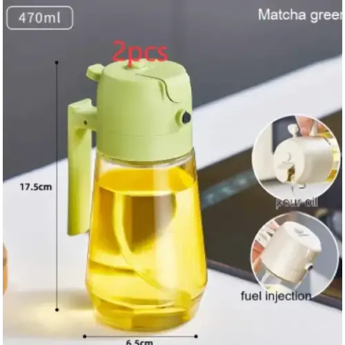 Matcha green 470ml oil dispenser with a clear glass body and lime-green plastic handle and pump mechanism.