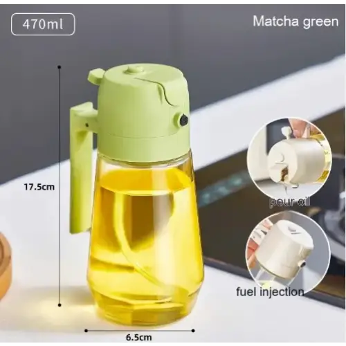 Matcha green plastic oil dispenser with a handle and pour spout.