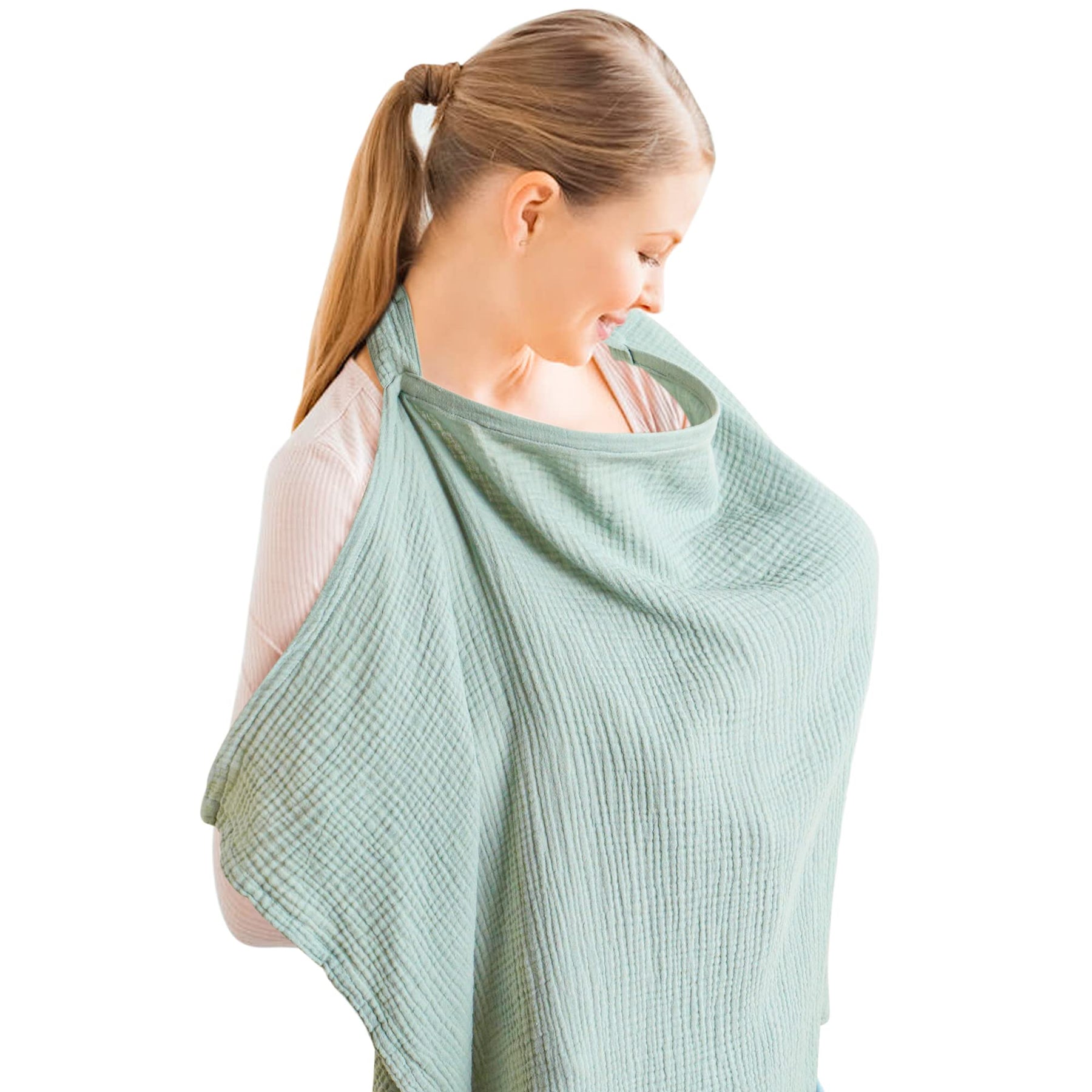 Konssy Muslin Nursing Cover for Baby Breastfeeding Breathable 100% Cotton Breastfeeding Cover with Rigid Hoop for Mother Nursing Apron Multi-use Carseat Canopy (Green)